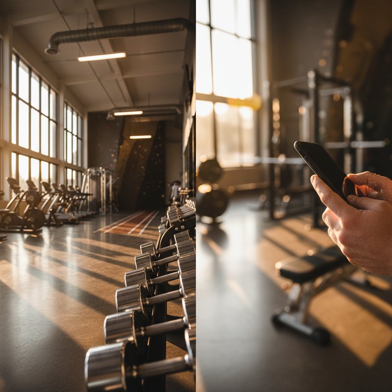 Hands holding a phone displaying a workout app, chalk dust visible on fingers, blurred gym equipment creating depth in the background