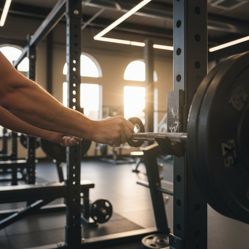 Close-up of calloused hands gripping a loaded barbell, chalk dust visible on the knurling, small 2.5-pound plate being added to the bar