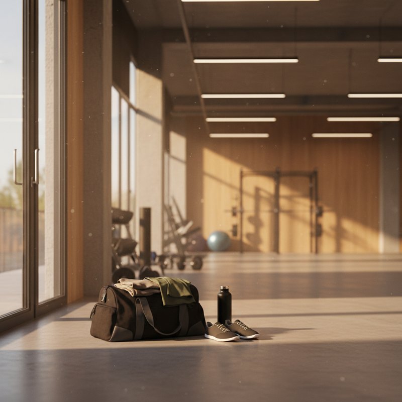 A packed gym bag sitting ready by an apartment door with folded workout clothes on top, protein shaker visible, shoes lined up perfectly — the night-before preparation ritual of consistent gym-goers