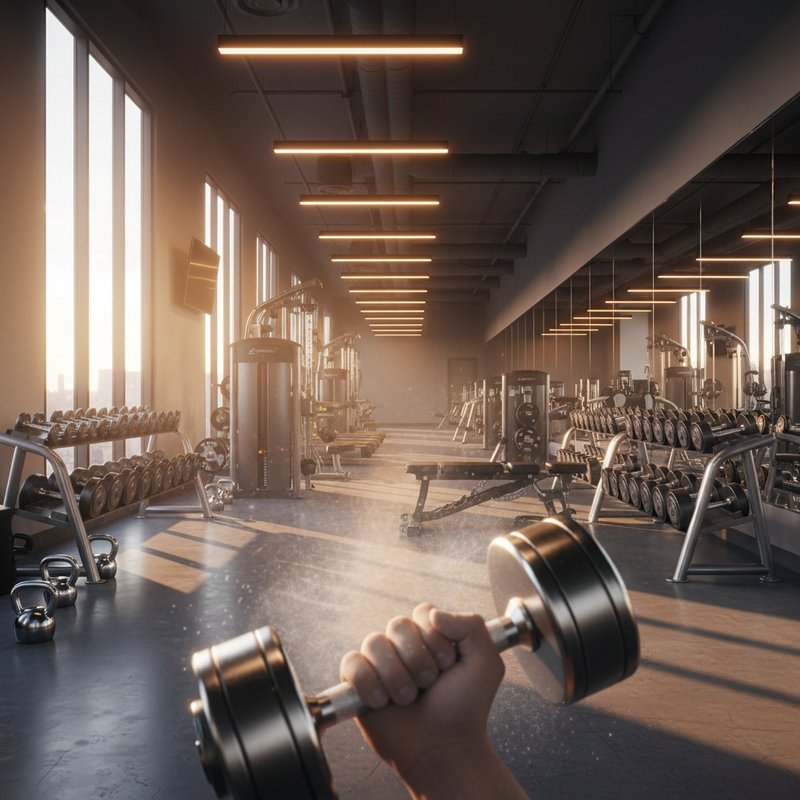Close-up of hands holding phone with paused workout video, gym equipment visible in background