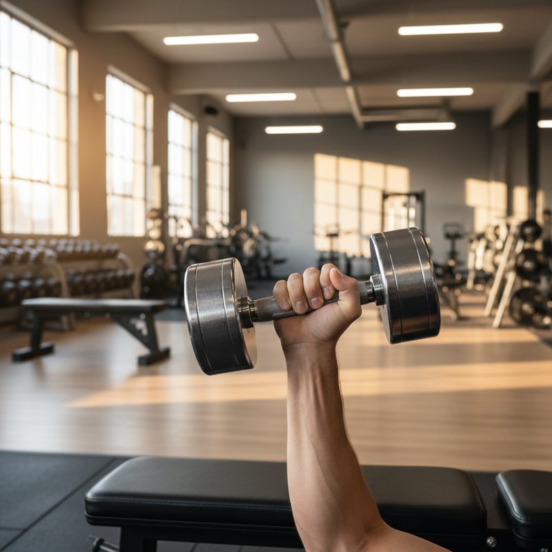 Close-up of hands gripping a chrome dumbbell on a black rubber gym bench, chalk dust visible on the handle, natural gym lighting highlighting the textured grip