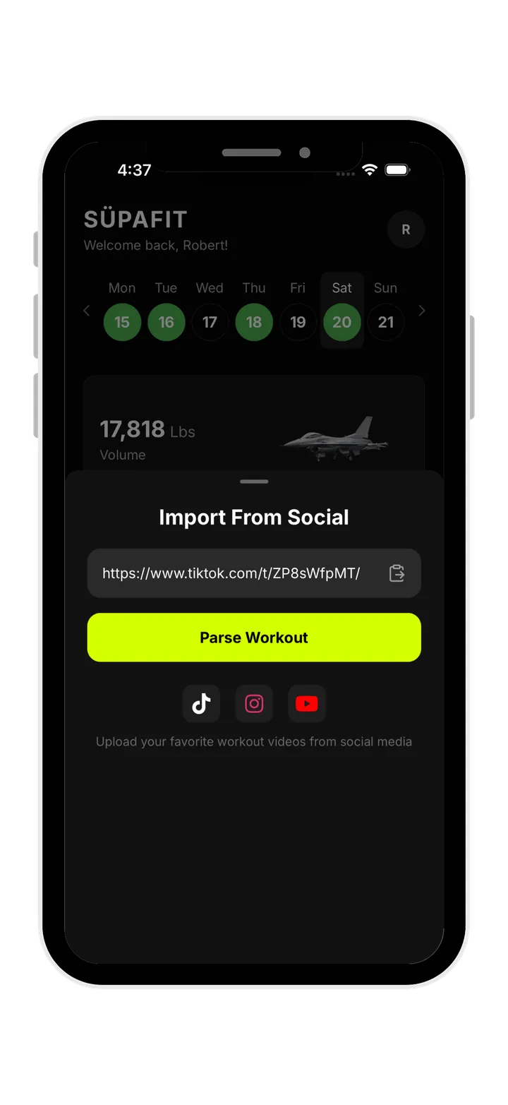 Supafit importing a workout from a social video link into a trackable plan