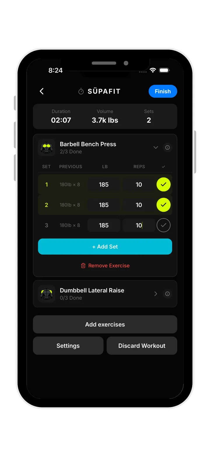 Supafit workout logging screen showing sets, reps, and weight with previous set data