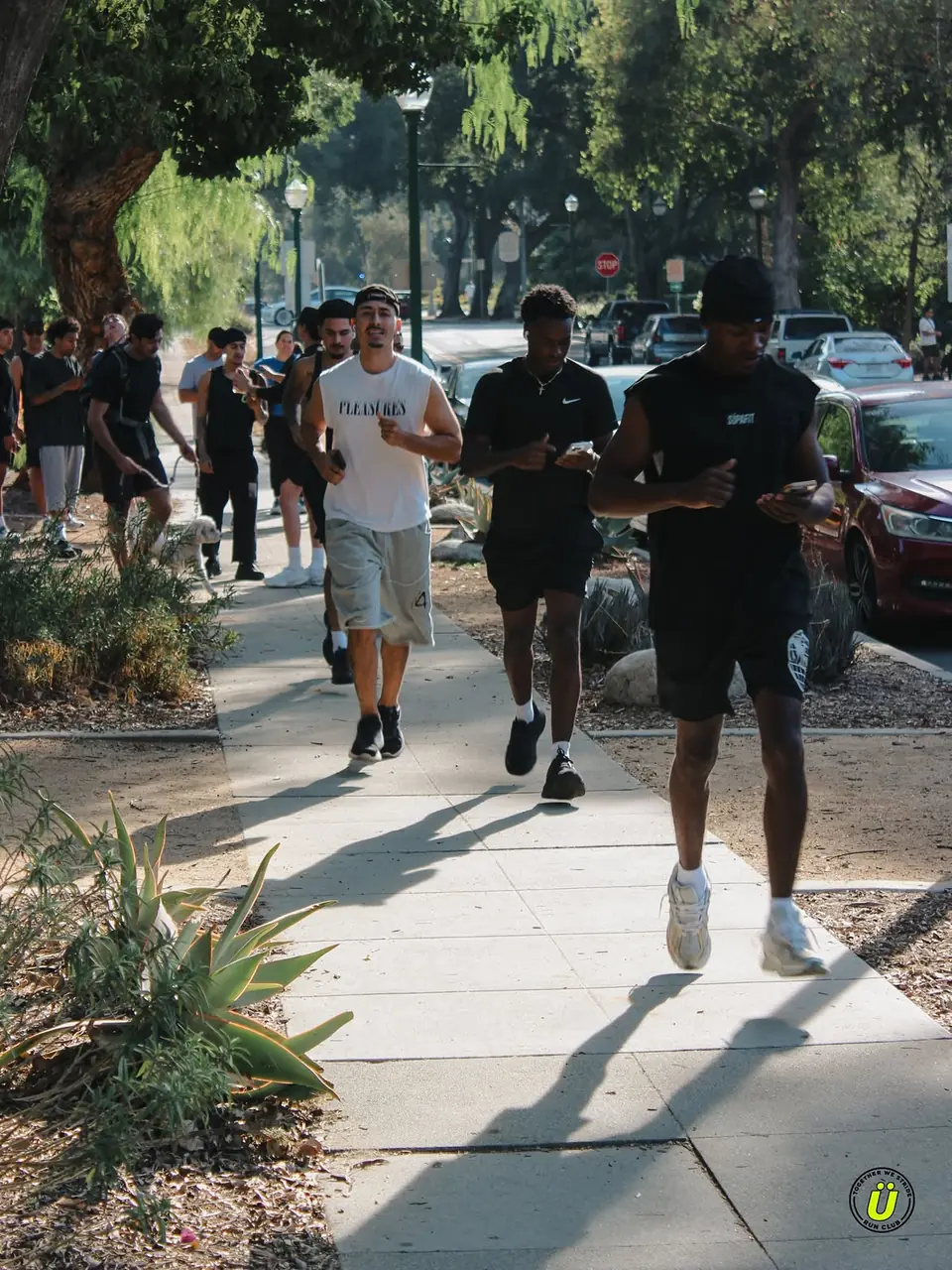 Runners heading out along a tree lined Claremont sidewalk with a pup in tow