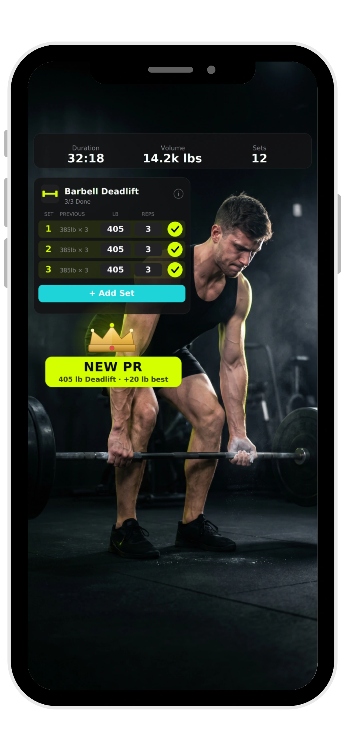 SUPAFIT app showing a logged deadlift workout and a new personal record